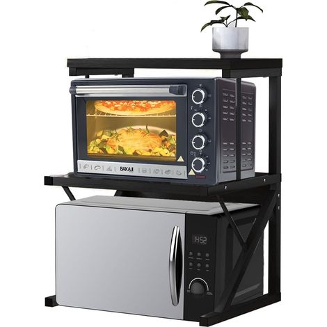 Étagère de Rangement pour Micro-Ondes en Acier, étagère de Cuisine avec étagère à épices, unité d'étagères 2 Compartiments Pieds antidérapants, étagère Design Moderne (Noir + Noir) (1/5)