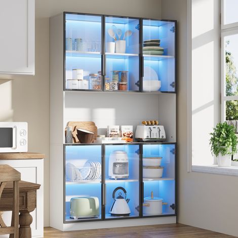 Vitrine 120 x 34 x 200 cm avec 6 portes, espace de rangement ouvert, armoire haute avec éclairage LED, meuble de salon 120 cm de large, blanc