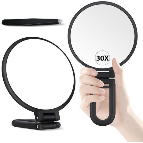 Specchio ingranditore 30x, specchio portatile con manico, specchio portatile a doppia faccia con ingrandimento 30x/1x, specchio da viaggio per il trucco. (1/5)