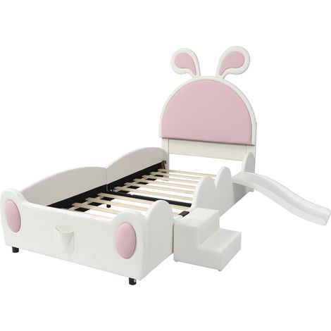 Lit enfant rembourré 90x200 cm avec toboggan et escaliers, oreilles de lapin, blanc et rose (1/5)