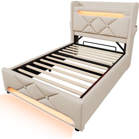 Cama con canapé 90 x 200 cm beige de lino con LED 360°, USB y USB-C, colchón incluido (1/5)