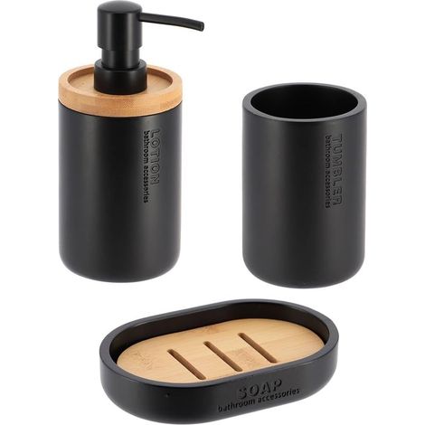 1 - Ensemble Accessoires Salle De Bain - Gobelet Distributeur Savon Porte-savon - Polyresine Bambou - Noir - 3 Pièces