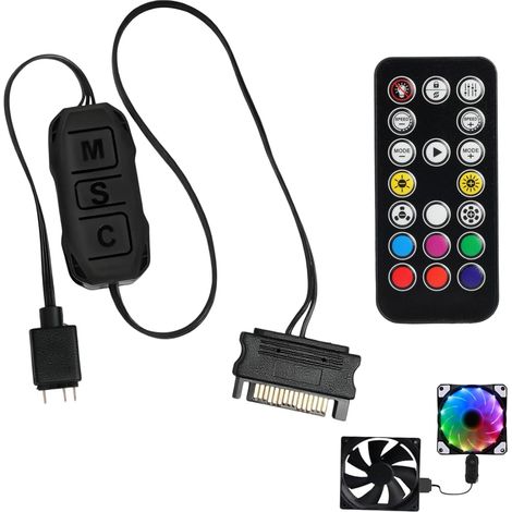 ARGB Controller avec Télécommande Contrôleur ARGB 5V 3 Broches, Hub RGB Alimentation SATA, Concentrateur RGB Alimentation SATA avec Contrôleur pour Bandes LED/Fan, 17 Touches Couleur (1/5)