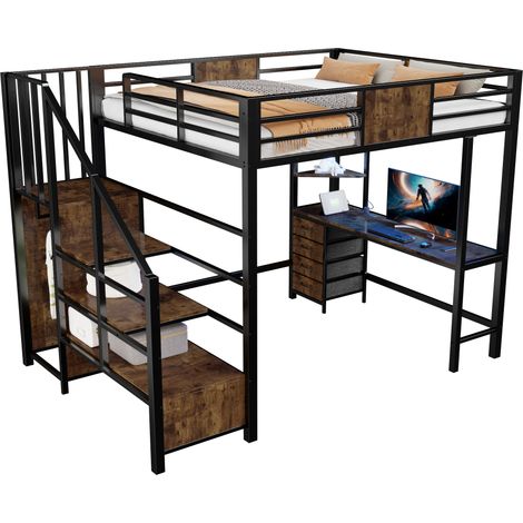 Lit mezzanine 140200 en métal avec bureau, compartiments de rangement, barre de penderie, éclairage LED et prise, idéal pour les bureaux, les salles d'étude et les petites pièces (1/5)