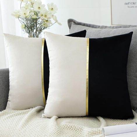 JSSEVN - Velvet Cushion Cover, Set of 2 Modern Minimalist Gold Leather Velvet Pillowcases for Home Interior 45 x 45 cm (Black and White) (1/5)