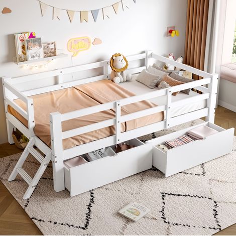 Cama infantil tipo plataforma 90x200 cm de MDF y pino blanco con cajones y barrera - CHICFURN (1/5)