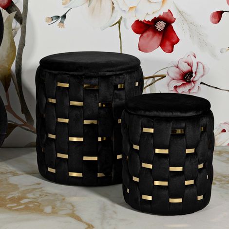Duo Set: Runder Kasane Stauraum-Pouf, Struktur gold, 37x37x42h cm, Schwarz (1/5)
