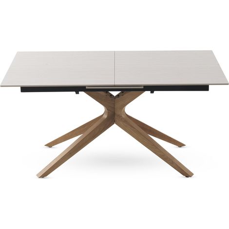 Table de salle à manger extensible 160/200 x 90 cm avec piètement en chêne et plateau en céramique effet marbre travertin (1/5)