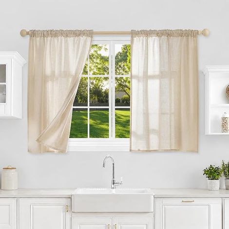 Plain Linen Net Curtain for Living Room or Bedroom Window, Interior Drapery Panel with Strip for Rail or Rod, Linen L x H cm (1/5)