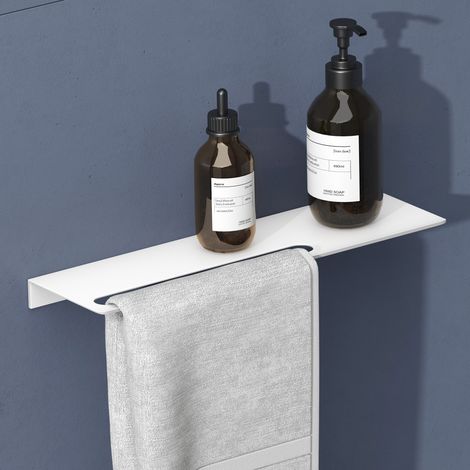 doporro Duschablage ohne Bohren aus Aluminium, Länge 40 cm, selbstklebendes Duschregal mit Handtuchhalter, 2-in-1 Badezimmer Organizer für Dusche & Bad, Matt weiß