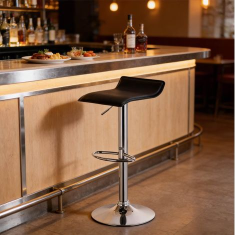 Sgabello da bar girevole regolabile, seduta ergonomica, base con anello in gomma, in finta pelle nera (1/5)