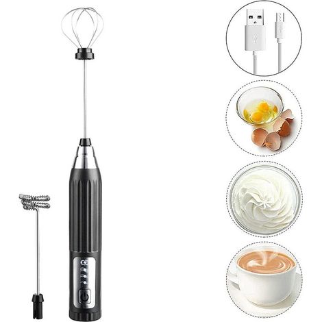 Mousseur à lait électrique - Fouet à lait - Mousseur à lait rechargeable - Mousseurs à lait - Mousseur à lait électrique avec 3 réglages - Fouet à matcha - Pour latte et matcha - Noir et argent (1/4)