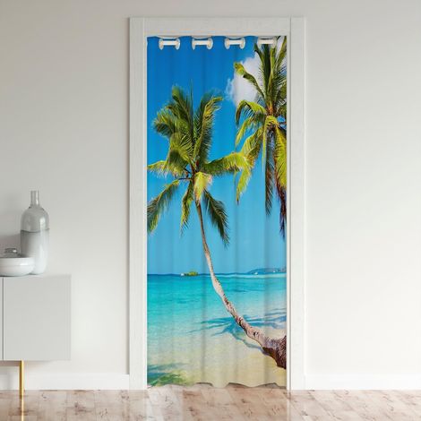 Ocean Beach Rideau Occultant,Hawaï Palm Tree Chambre Intimité Rideau de Porte,Été Côte Rideau de Placard,Tropical Vacances Style Isolation Thermique Rideau,Rideau de Porte Vague Bleue 86x203 - 86L X 2 (1/5)