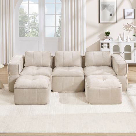 Sofá modular en U de 3 plazas con 2 pufs, sin montaje, beige HAVRYA (1/5)