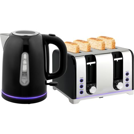Kettle and Toaster Set-1.7L 3000W Rapid Boil Jug Kettle with Otter Thermostat-Limescale Filter-4 Slice Toaster with 7 Browning Controls-Crumb Tray-LED Strip-Black (1/5)