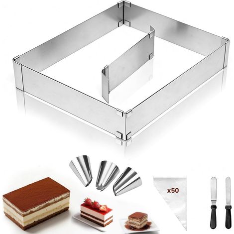 Rectangular and Extendable Stainless Steel Patisserie Frame, Adjustable from 18 x 28 cm to 32 x 53 cm, with 2 Spatulas, Ideal for Cakes, Pies and Mousse (1/5)