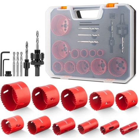 19 PCS Coffret de Scie Trépan avec 11 Lames de Scie 19-68mm, Lot de Scies Cloches pour Aluminium, Bois, Panneaux PVC, Plastiques et Le Métal (1/5)