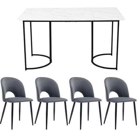 Essgruppe 140x80 cm mit 4 grauen Samtstühlen, weiße MDF-Tischplatte (1/5)