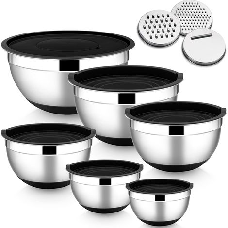 Rührschüssel 6er Set, Edelstahl Schüssel Salatschüssel Set mit Luftdichtem Deckel & 3 Reibenaufsätzen, 4,6L/2,8L/2,5L/1,6L/1,2L/0,7L, Rutschfester Silikonboden & Spülmaschinenfest, Schwarz (1/5)