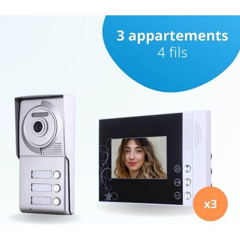 Portier interphone vidéo CLASSIC 4 Fils - 3 appartements - 3 écrans noirs