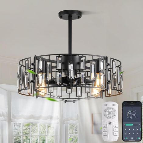 Ganeed Fandelier Ceiling Fan with Lights Crystal Pendant Lamp 50 cm Modern Decor 6 Wind Speeds with Remote Control Black 4 Lights (1/5)