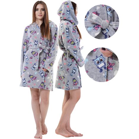 Damen-Fleecebademantel mit Kapuze und Taschen, Größe XL, bequem, zum Binden, warm (1/5)