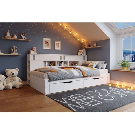 Lit enfant 90x190 cm, lit de jour multifonction avec tiroirs, étagères et rangements, sommier à lattes, blanc, sans matelas (1/5)