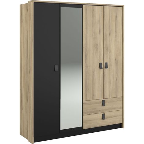 Armoire 4 portes avec 1 miroir et 2 tiroirs aspect bois et noir - ELOUAN (1/5)