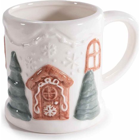 Tazze di Natale in ceramica colorata lucida dettagli casetta, alberi e fiocchi di neve in rilievo, set da 4 pezzi, Ø 9,5 cm x 10 H