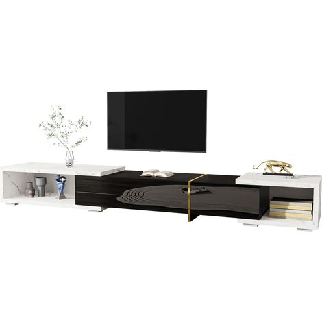 Meuble TV extensible pivotant 140 à 260 cm, finition noir brillant et blanc effet marbre, détails dorés, rangement généreux – CHICFURN (1/5)