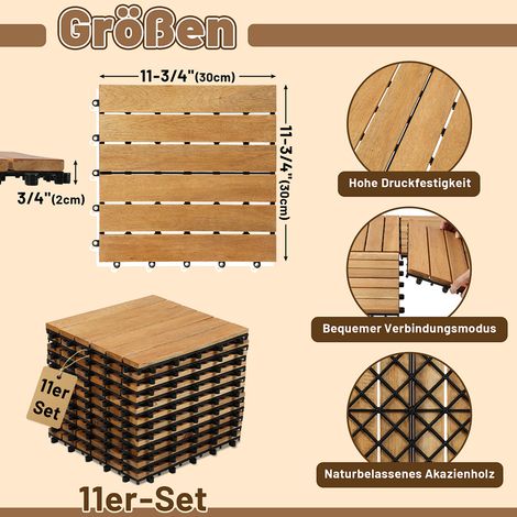 Wolketon Holzfliesen 33-er Kachel Set .3m². geeignet als Terrassenfliesen und Balkonfliesen. aus Akazien Holz . 30x30 cm. für Garten Terrasse Balkon (1/4)