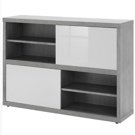 Pratico mobile basso cm35,6x140x87h colore cemento ante laccato bianco lucido ufficio casa (1/5)