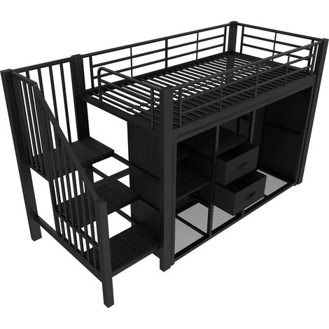 Halbhochbett 90 x 200 cm aus Metall und MDF, schwarz, mit 2 Schubladen, offener Garderobe, LED (1/5)