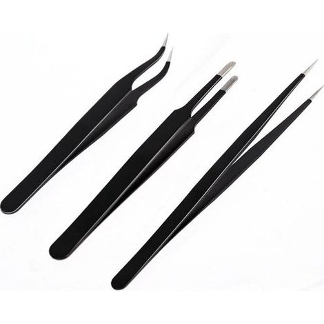 Pinzas de precisión antiestáticas de acero inoxidable de 3 piezas con puntas rectas y curvas, para joyería, manualidades, electrónica, color negro. (1/2)