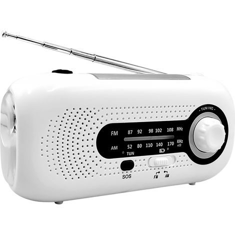 Radio solaire à manivelle avec alarme SOS, radio AM/FM d'urgence, batterie rechargeable, 4 modes, lampe torche, prise casque et port USB pour le camping et la randonnée. (1/5)