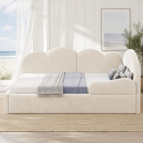 Cama tapizada extensible en L con cama nido 90 x 200 cm beige con cabecero en forma de nube (1/5)