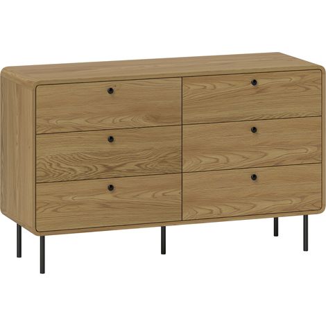 Commode 6 tiroirs, meuble de rangement design moderne, coins arrondis, pieds métal, 120 x 40 x 75 cm, aspect chêne (1/5)