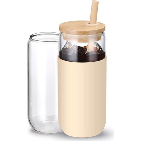 Gobelet isotherme en verre de 590 ml avec manchon de protection en silicone, paille et couvercle en bambou, idéal pour le café glacé (1 unité) (Ambre) (1/5)
