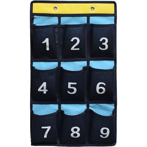 Organiseur de classe à pochettes numérotées, à suspendre à une porte, pour téléphones portables et calculatrices (bleu). (1/5)