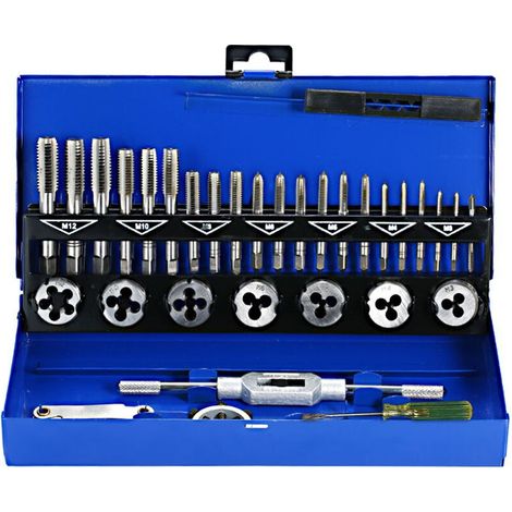 Coffret tarauds et filières 32 pièces – Acier allié pour métaux – Filetage à cône 55° – Clé à taraud et accessoires inclus - M3-M12 (1/5)