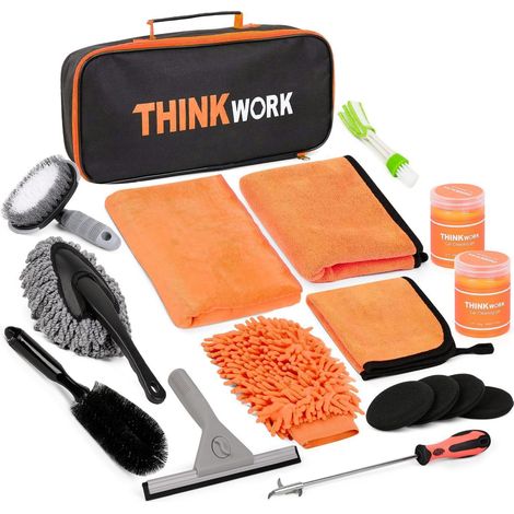 Kit de nettoyage voiture 17 pièces intérieur extérieur avec accessoires orange (1/5)