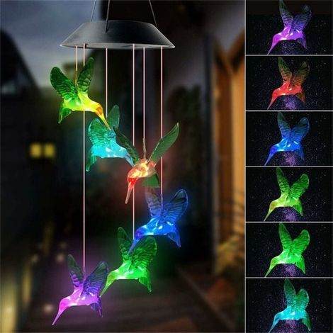 Carillon solaire colibri pour jardin - Éclairage solaire multicolore - Cadeau d'extérieur pour maman - Effet lumineux LED - Décoration de jardin - Multicolore - 1 pièce (1/5)