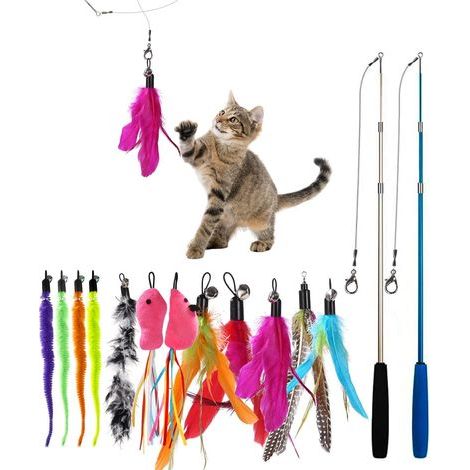 14 Pièces Jouet Pour Chat, Canne Rétractable 38-98cm, Plumes Et Souris, Jeu Interactif Intérieur (1/5)