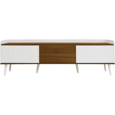 Meuble tv 160x39x49,5 cm blanc et bois naturel, 3 portes, rangement compact pour salon