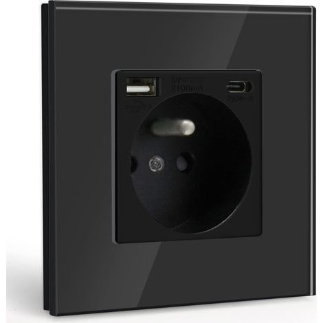 Prise Murale avec USB et 1 Type C,Noir courant alternatif avec Panneau en verre cristal,Multiprise Murale avec USB(max2.1A),convient à la smartphone,à la tablette (1/5)