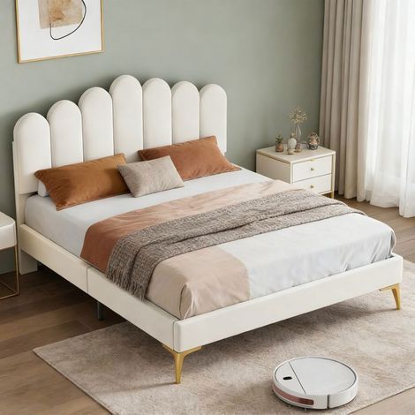 Letto 140x190 cm - Velluto Beige - Testiera Regolabile Imbottita - 2 Posti - Rete a Doghe