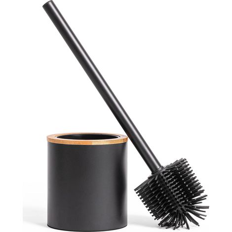 Brosse de Toilette en Silicone et Porte-Brosse de Toilette en Optique Bois  Acier Inoxydable, Tête en Silicone, Design en Bambou  Brosse WC pour Salle de Bain  Le Noir (1/5)