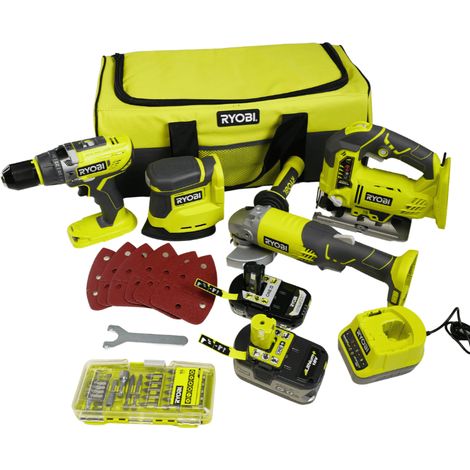 RYOBI Pack 4 Werkzeuge ONE+ 18V Schlagbohrmaschine + Winkelschleifer + Stichsäge + Schleifmaschine + Akku 5Ah & 2Ah + Tasche R18CK4F-252S (1/5)