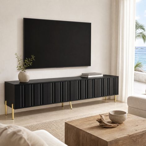 Meuble TV moderne 190x38x48 cm en MDF et panneaux de bois noir, avec rangement pour salon FloraGrace (1/5)
