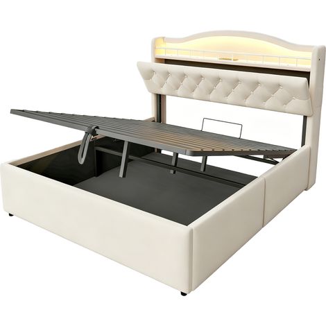 Cama con almacenaje 140 x 200 cm beige con LED, USB y USB-C, cabecero con estantes (1/5)